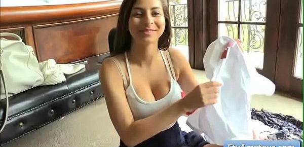  Amazing natural big tit brunette teen Nina prepare herself fr a masturbation session in her bed